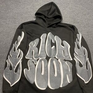 Y2K Hoodie "RICH SOON" Fire Flames Sleeves Streetwear Skater Baggy XL